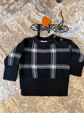 Banana Republic Black and White Plaid Crewneck Sweater with Shoulder Buttons